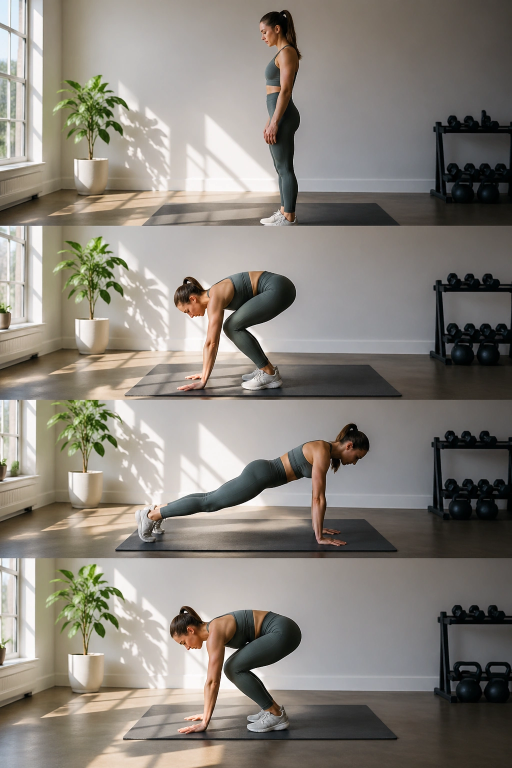 Woman doing burpee walkouts in a sunlit home gym, full-body motion