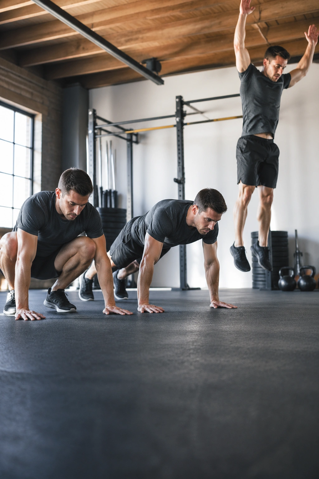 Person performing burpees mid-movement on a gym floor