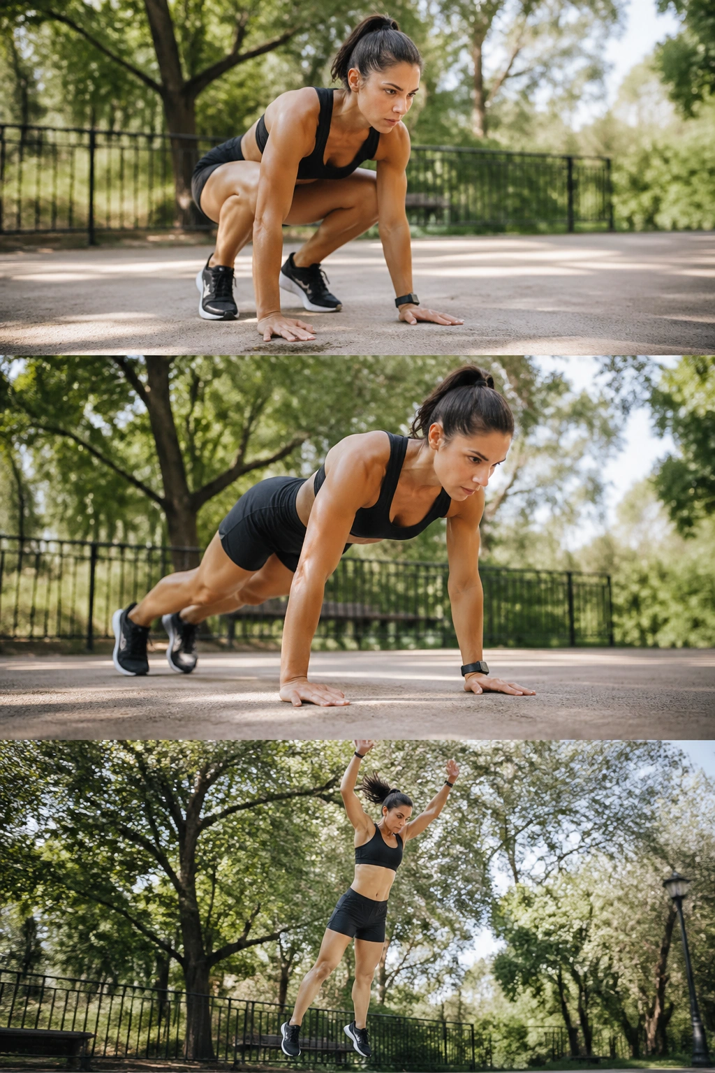 Medium close-up of a real person performing a burpee in action