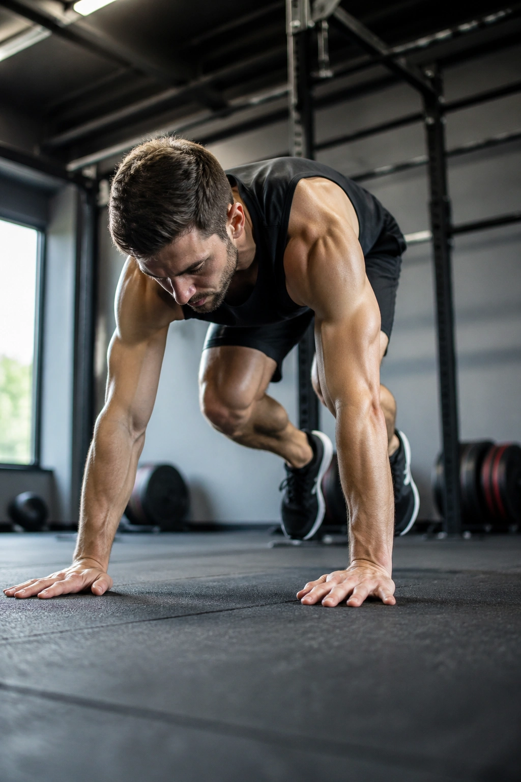Person mid-burpee on gym floor showing proper form