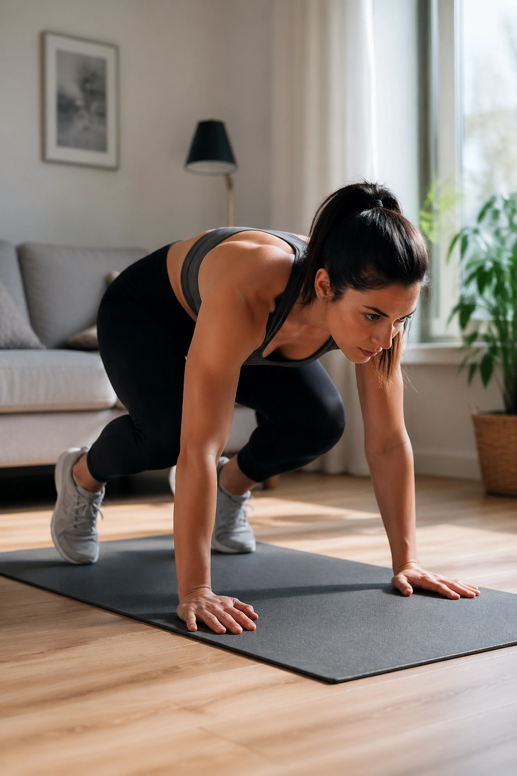 Torso and arms in burpee transition on a mat