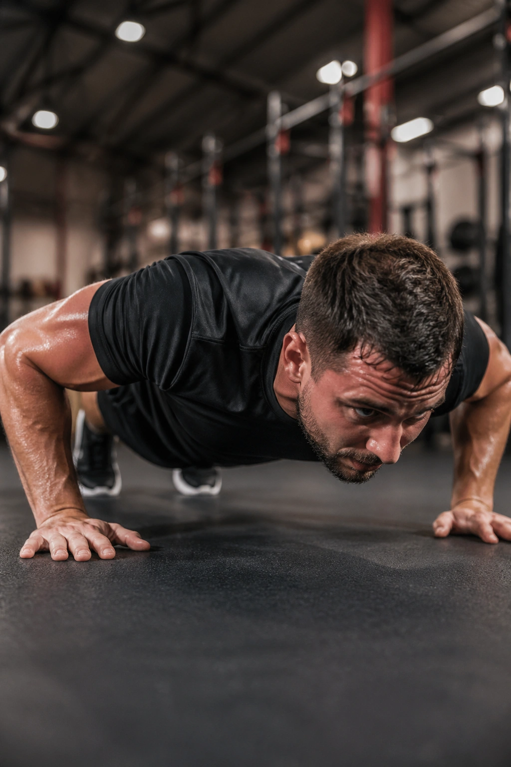 Close-up of a real athlete performing a step-back burpee on a gym floor