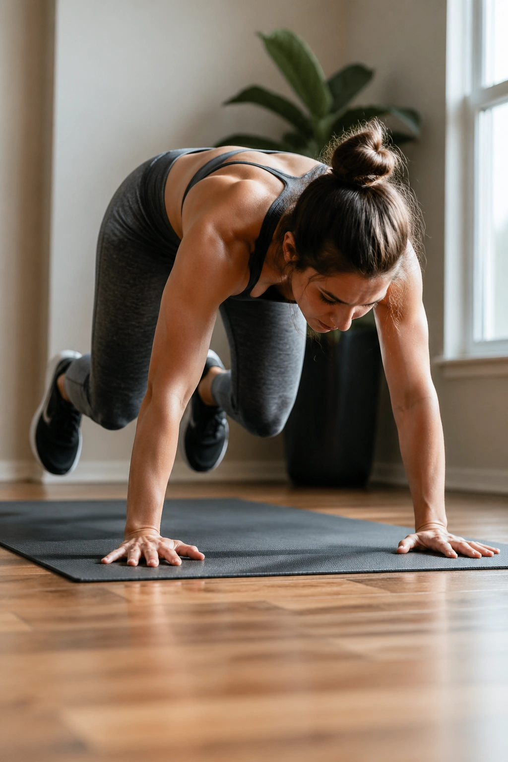 Close-up of a person performing burpees on a home workout mat