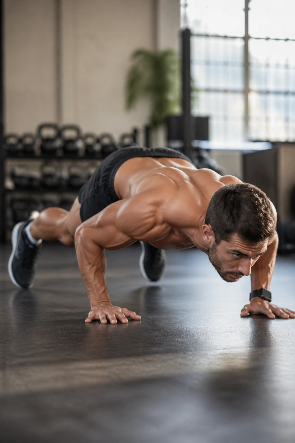 Mid-burpee transition of a fit person performing burpees in a gym