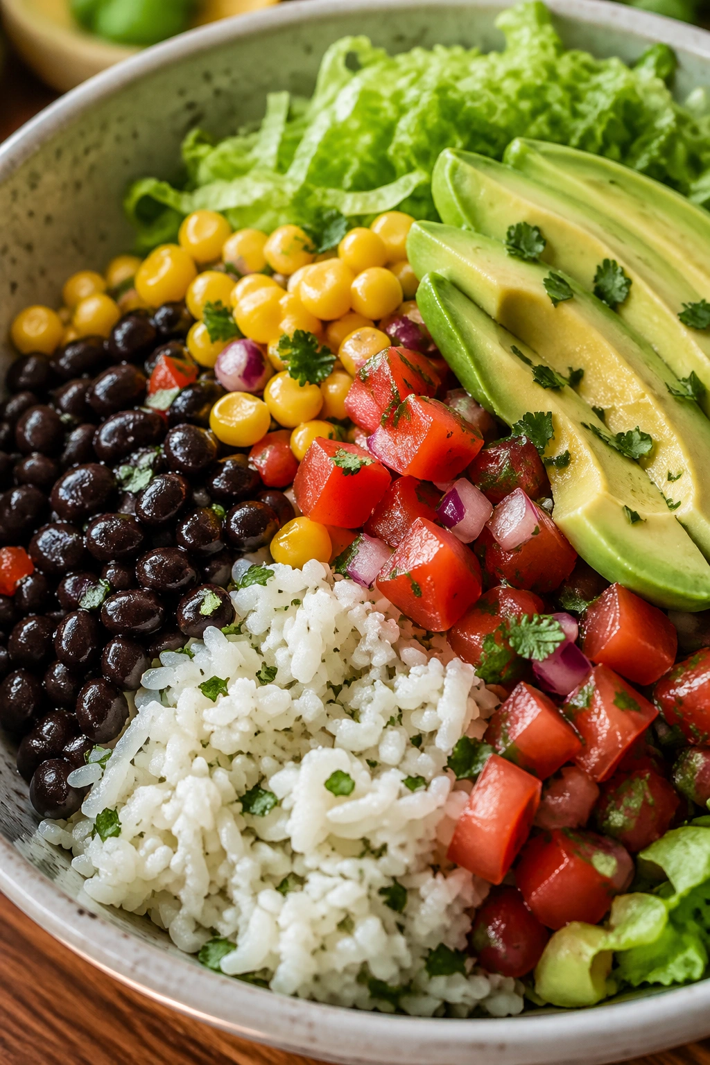 Close-up of a layered burrito bowl with beans, rice, and avocado