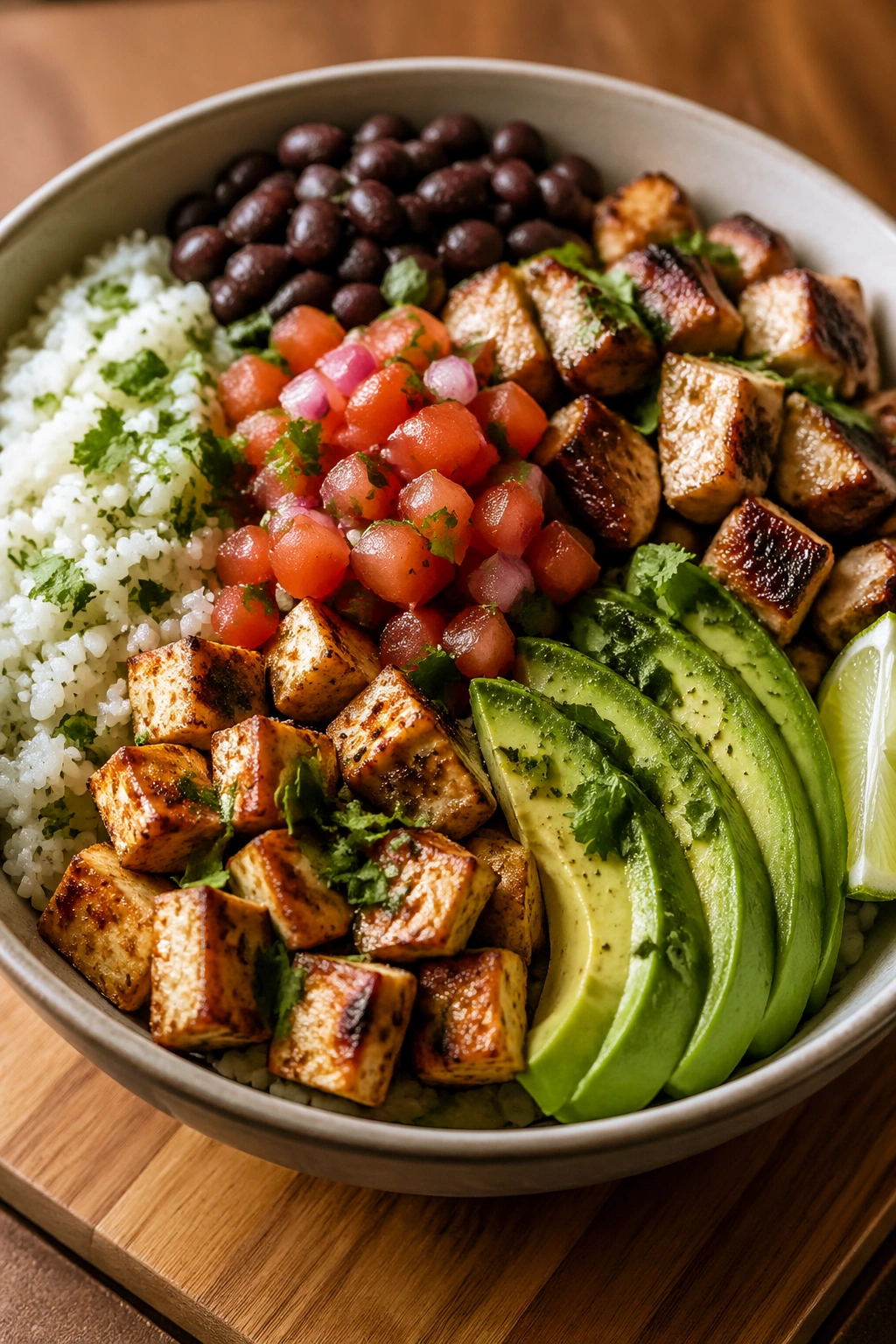 Close-up burrito bowl with rice, beans, and chicken or tofu for post-workout lunch