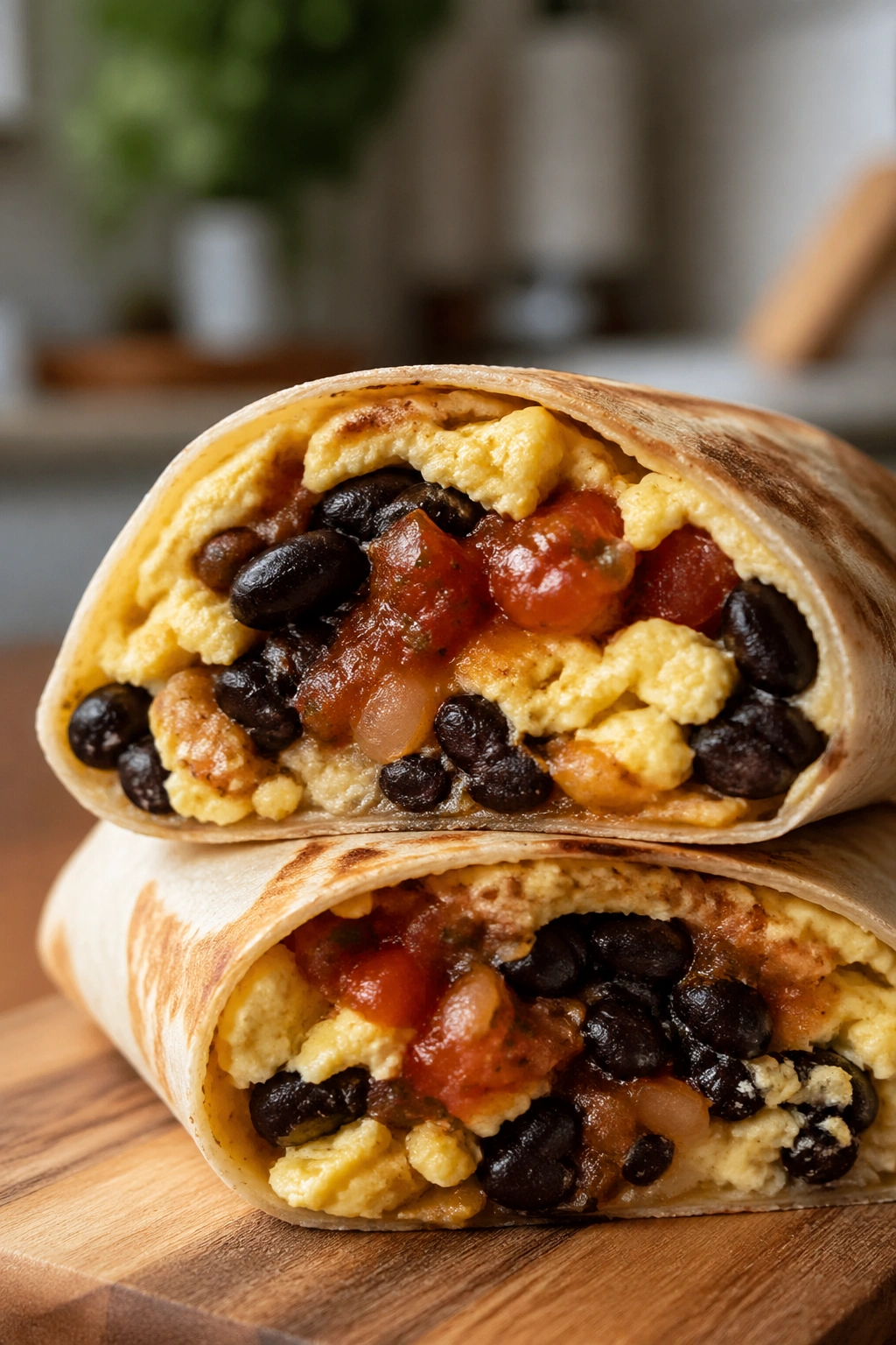 Close-up of breakfast burrito sliced to show eggs, beans, and salsa on a plate