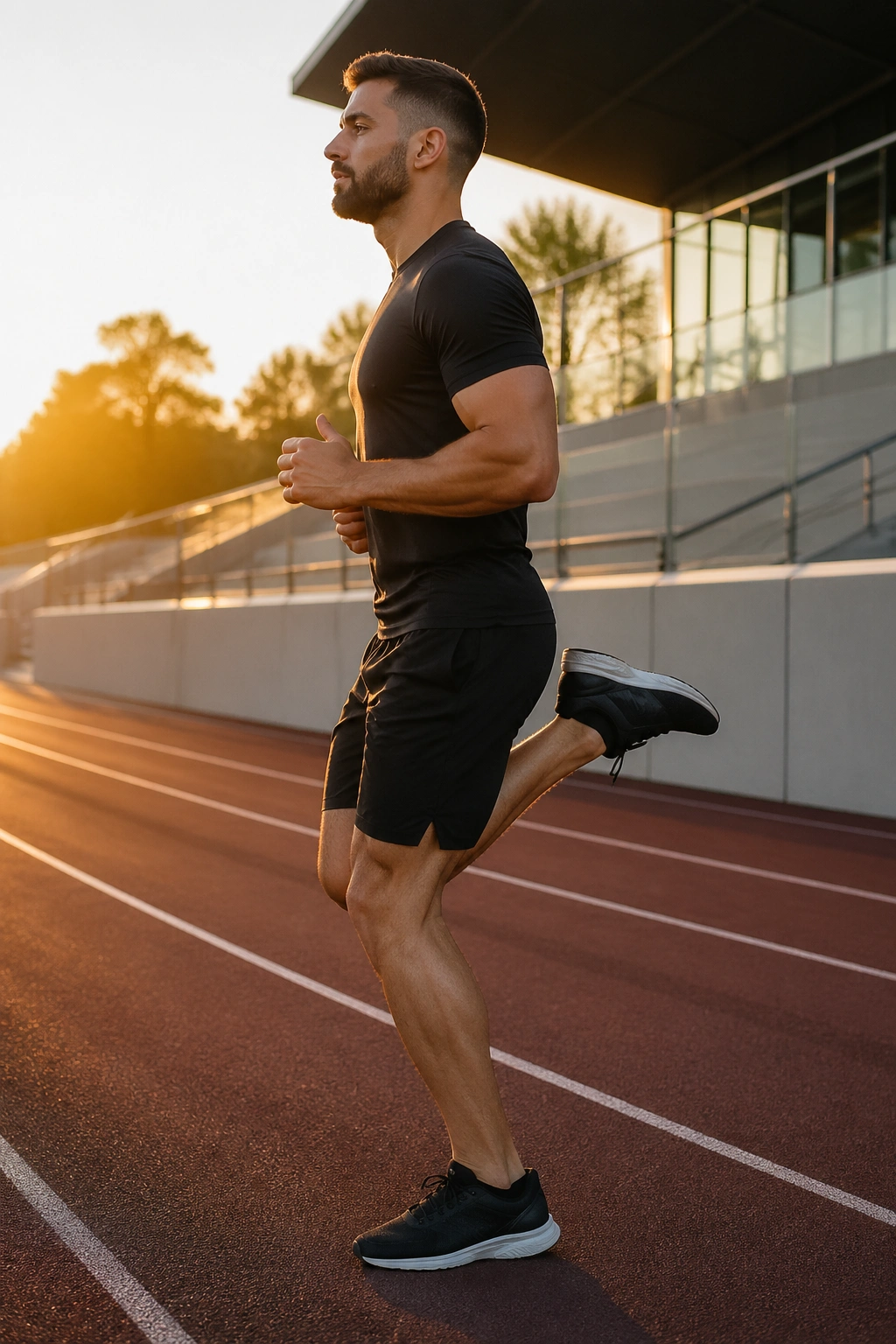 Side profile of a person performing butt kicks on a track