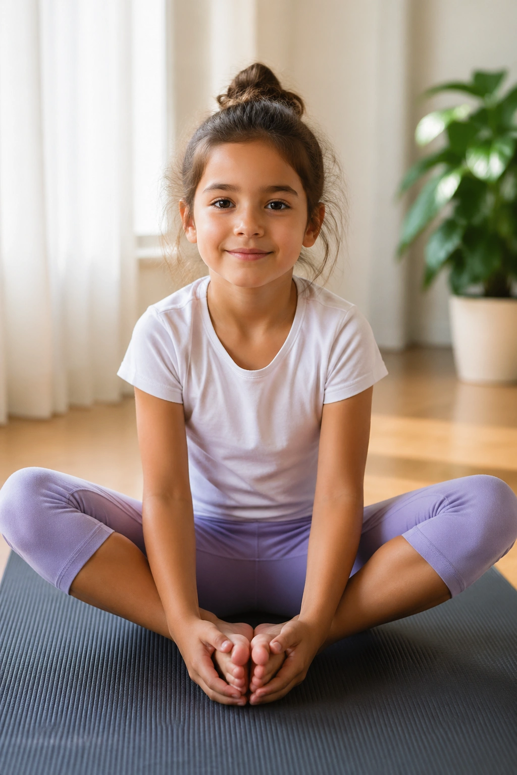 Child performing Butterfly Pose with feet together and knees wide on a mat