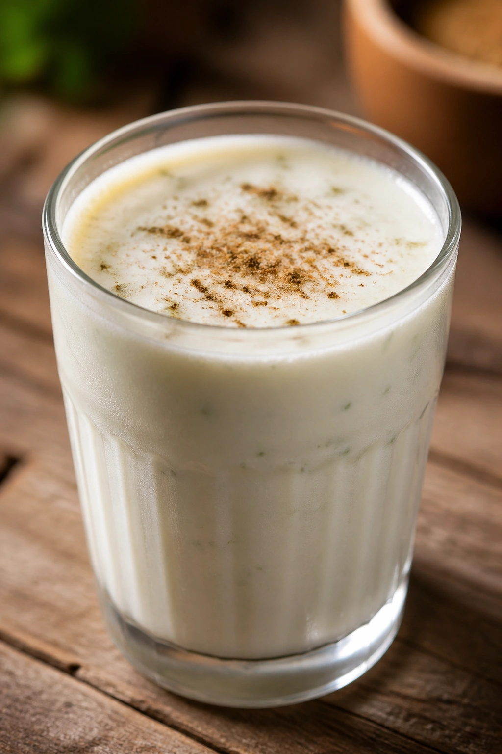 Glass of pale buttermilk with cumin dusting on top on a wooden table