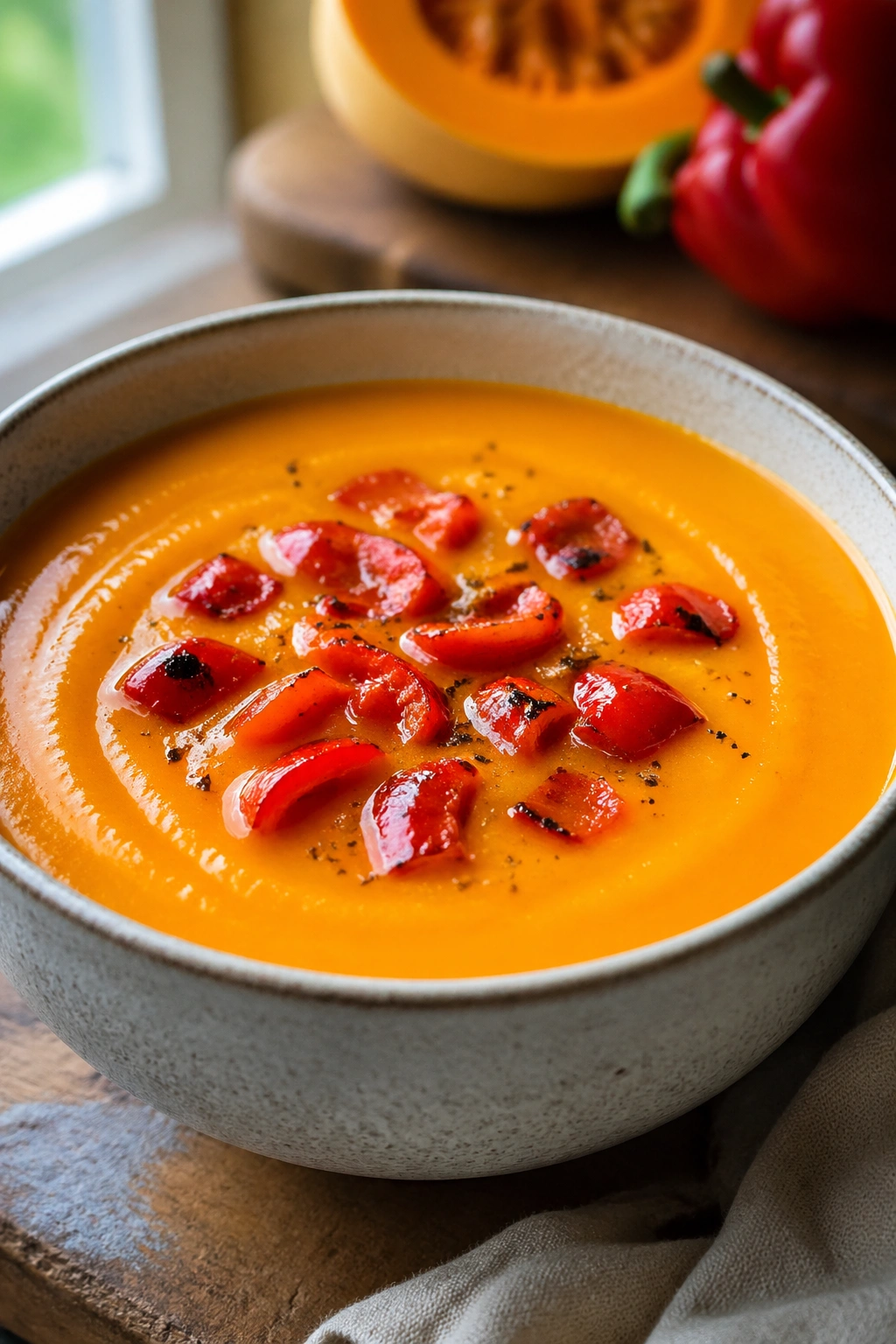 Close-up of Butternut Squash and Red Pepper Soup in a rustic bowl with orange color and red pepper flecks