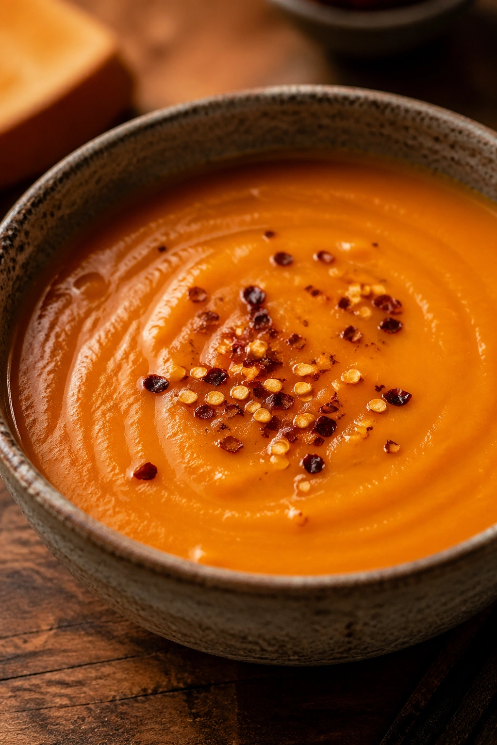 Close-up of Roasted Butternut Squash and Chili Soup with seeds on top