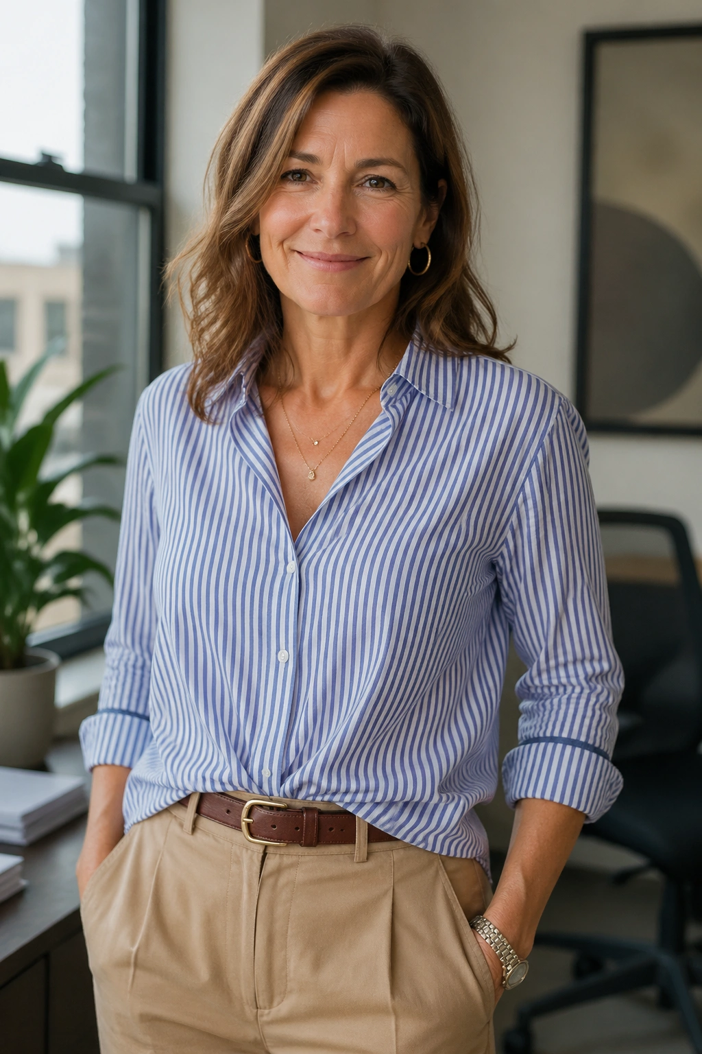 Portrait of a woman wearing a vertical-striped button-down with a front tuck.