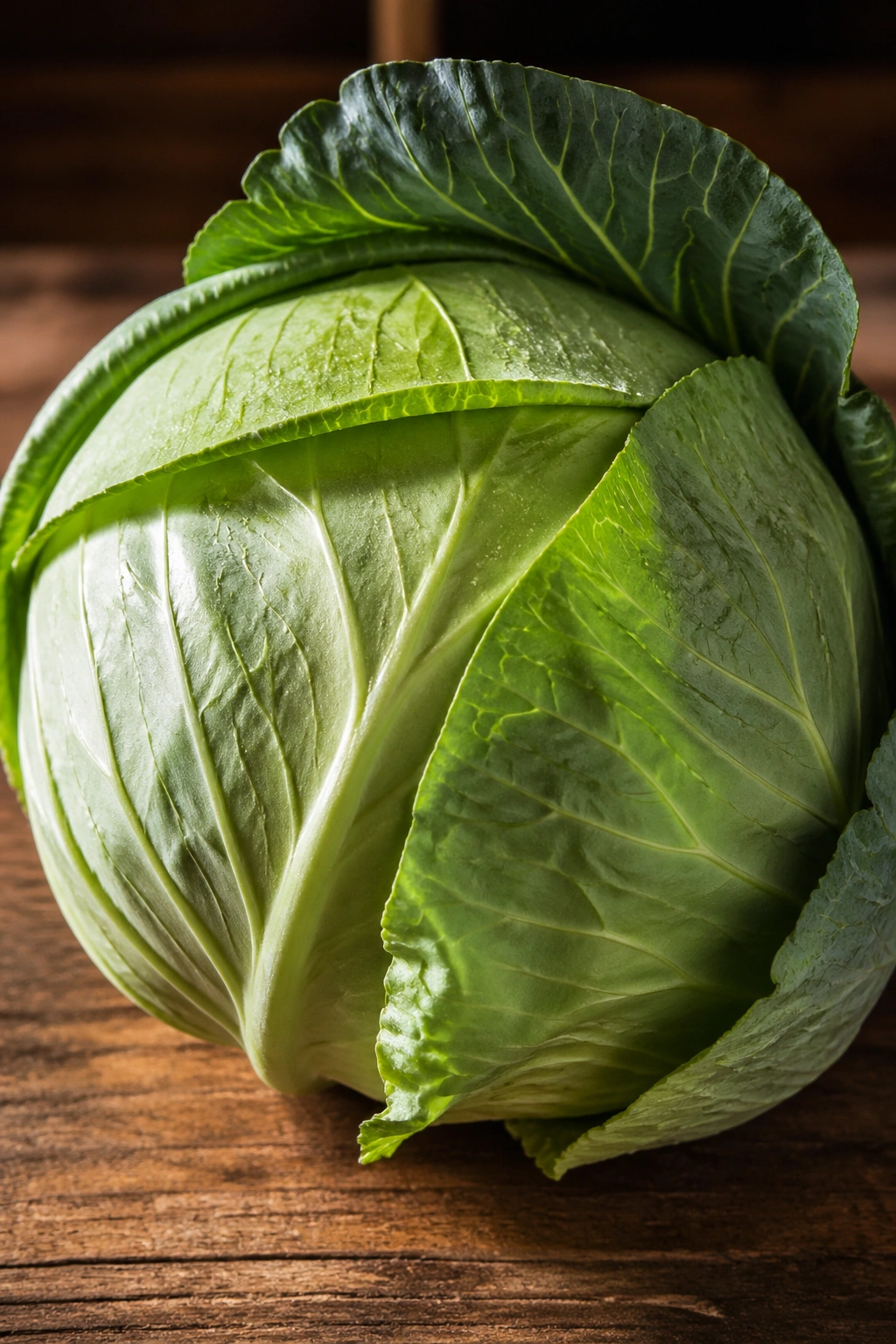 Close-up of a green cabbage head filling the frame on a wooden table