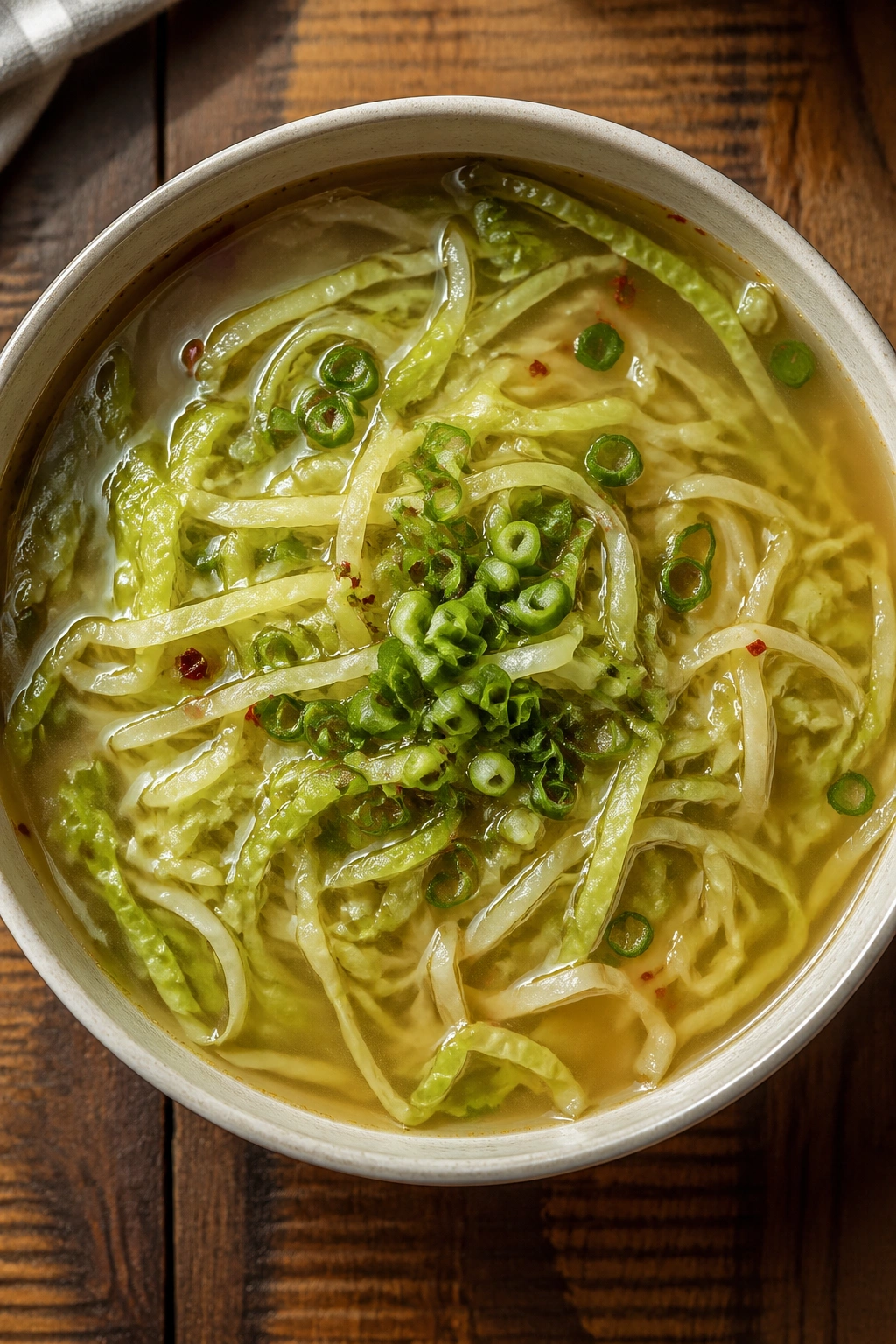 Close-up of spicy cabbage and ginger broth in a bowl