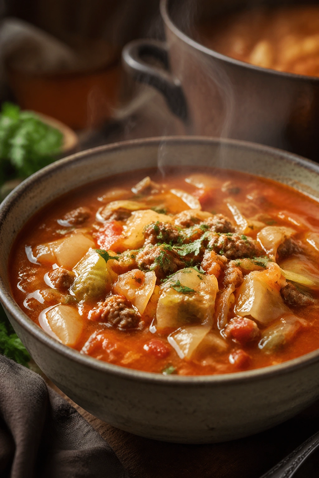 Close-up of cabbage roll soup in a bowl with cabbage and ground meat