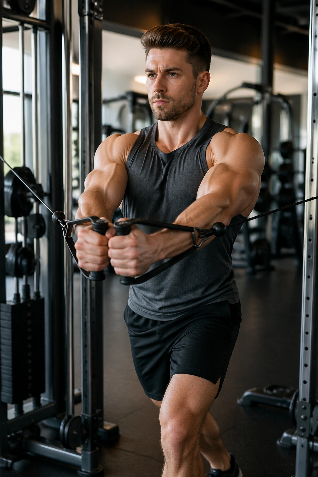 Close-up of a real person performing cable chest press at mid-chest height