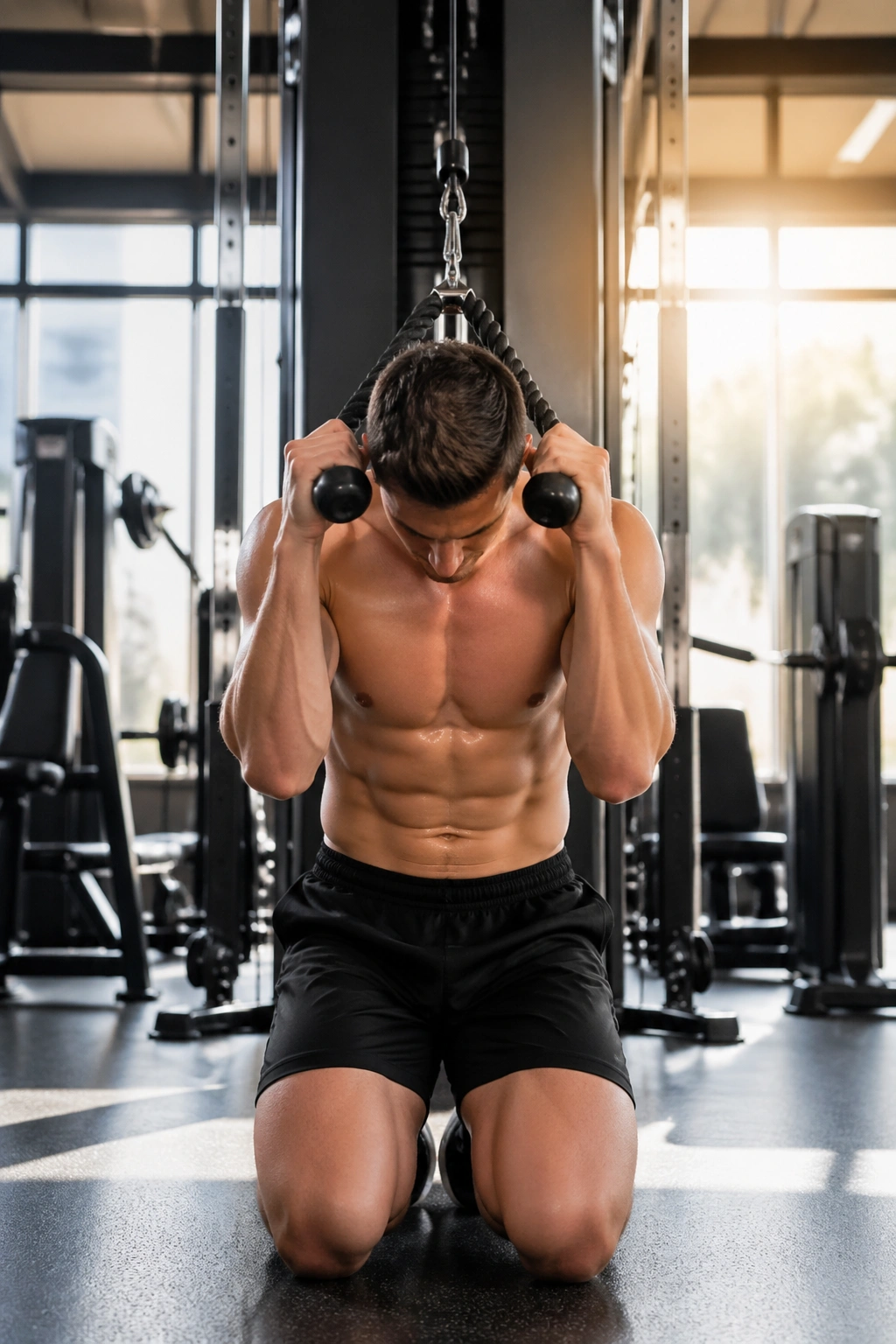 Kneeling cable crunch focusing on torso flexion