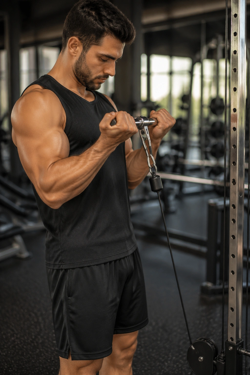 Portrait of a person performing cable curls with constant tension at a cable station
