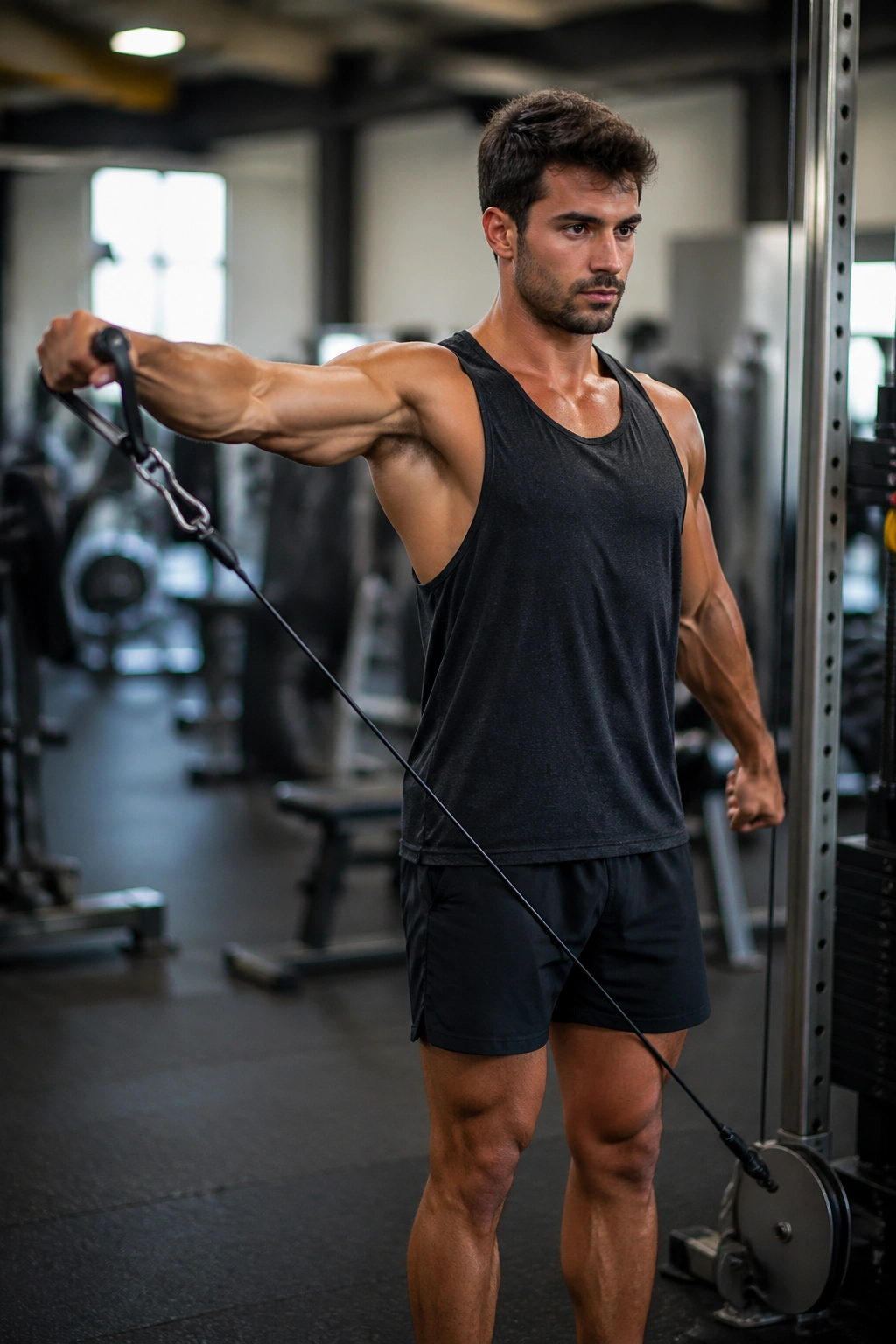 Real person performing cable lateral raise in gym