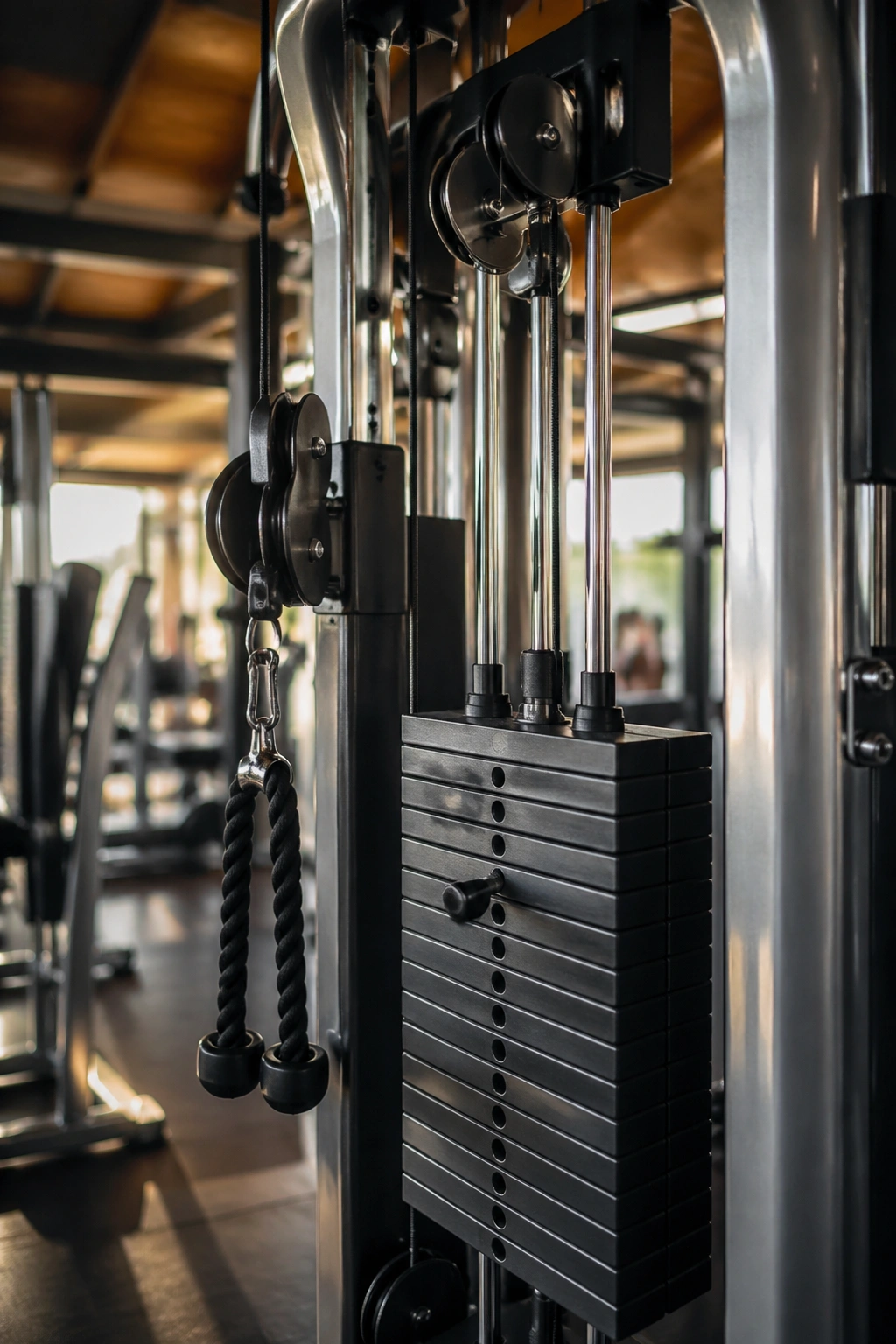 Close-up of a cable machine's weight stacks and pulleys in a gym