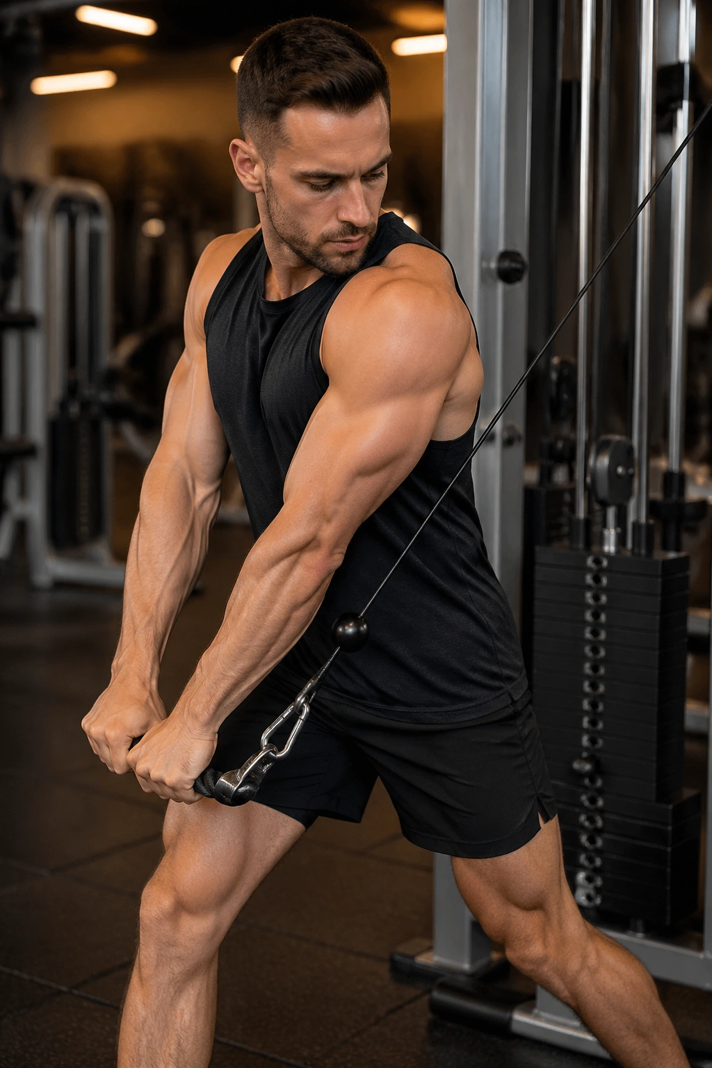 Torso during cable woodchop showing controlled rotation and oblique engagement