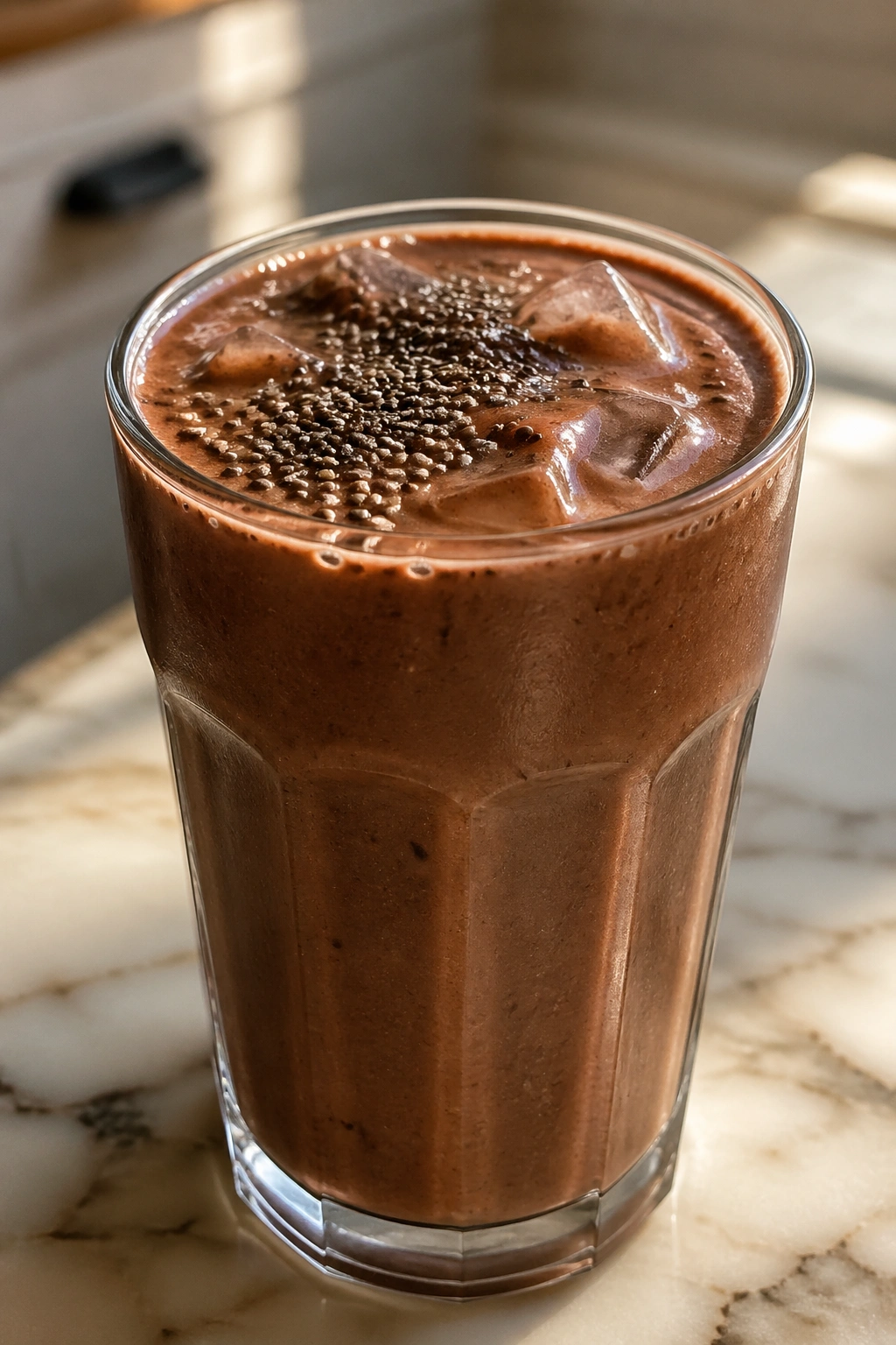 Close-up of cacao chia protein shake in a tall glass with chia on top