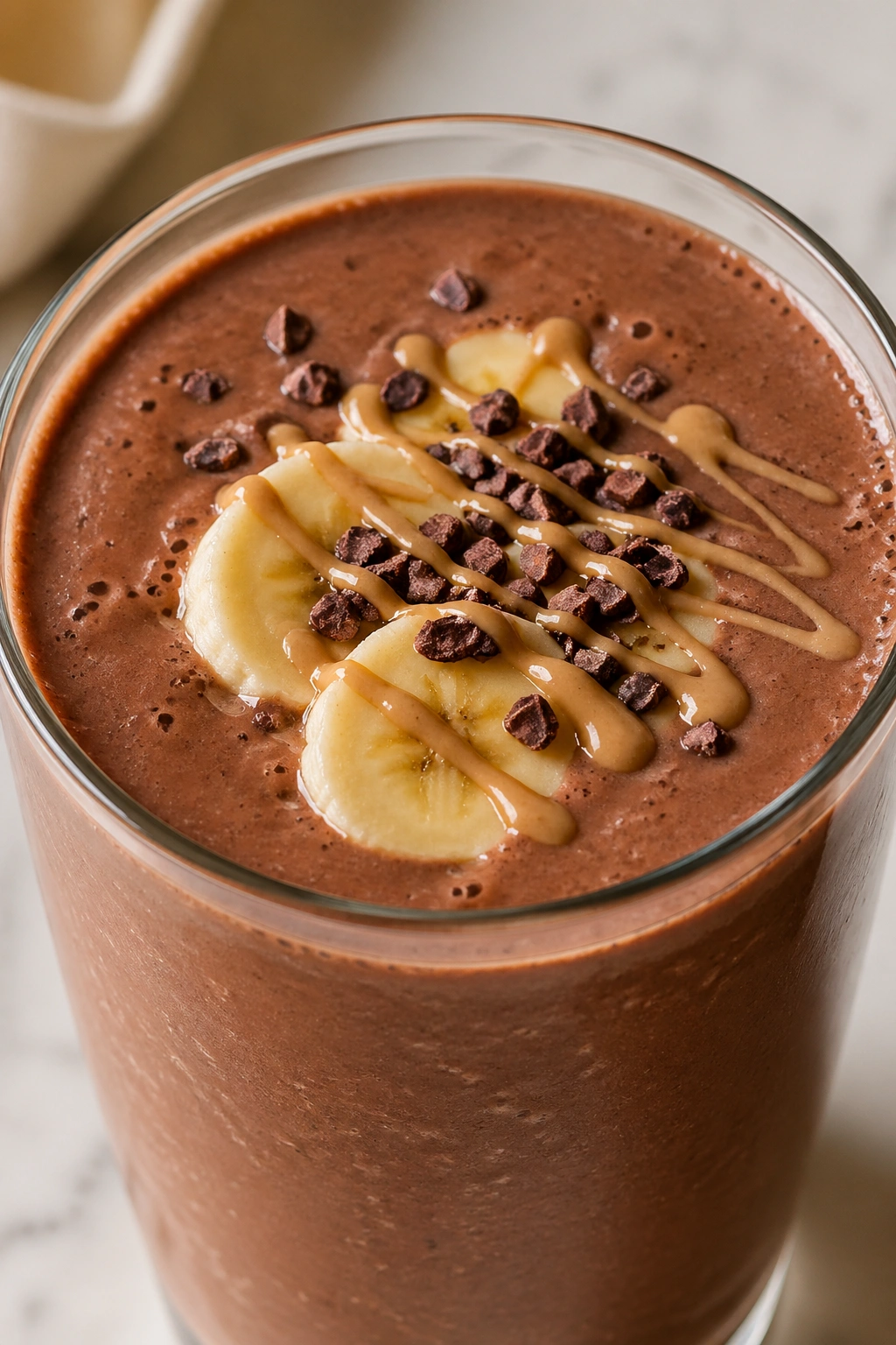 Close-up of Cacao Tahini Banana Smoothie in a glass on a kitchen counter