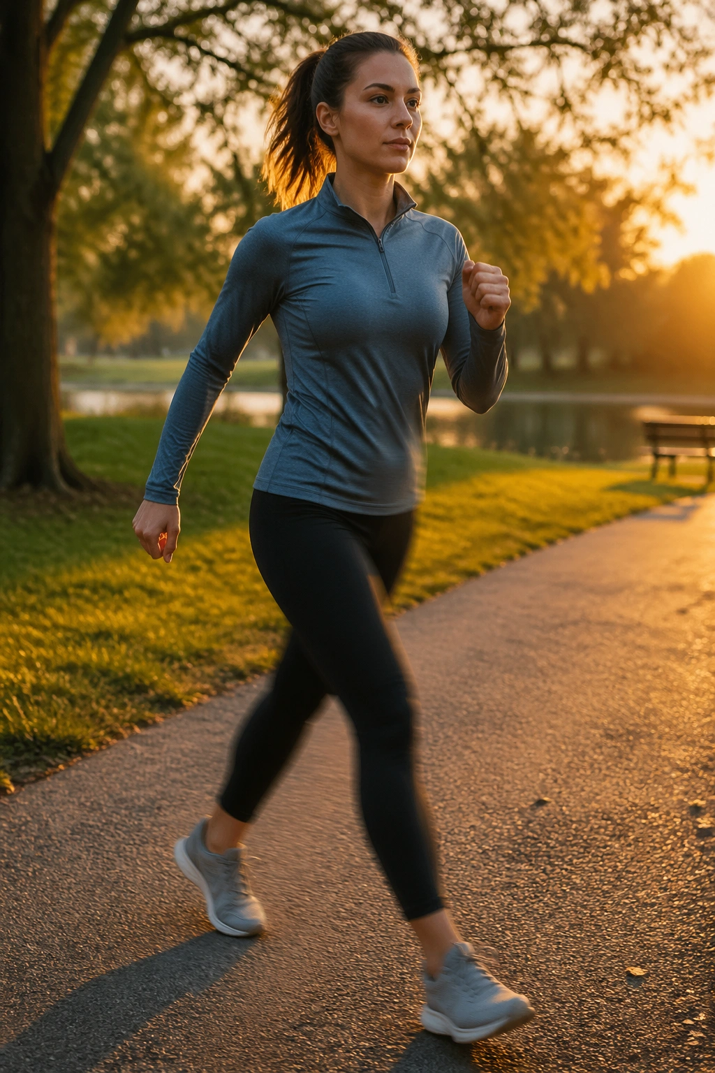 Person walking in a park with rhythmic cadence