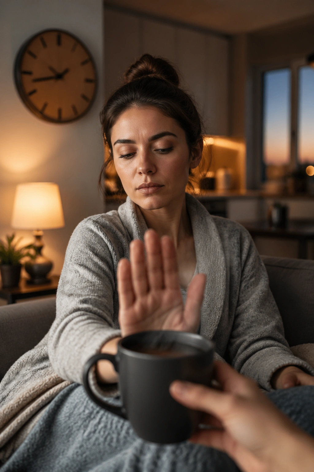 Person turning away from evening coffee, promoting caffeine cutoff