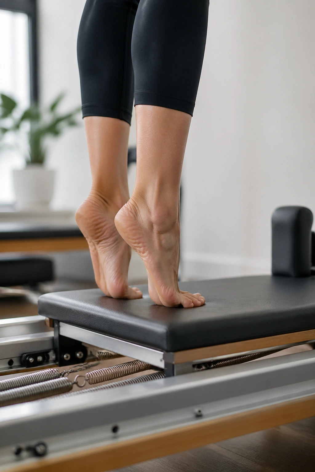 Close-up of lower legs pulsing on a reformer