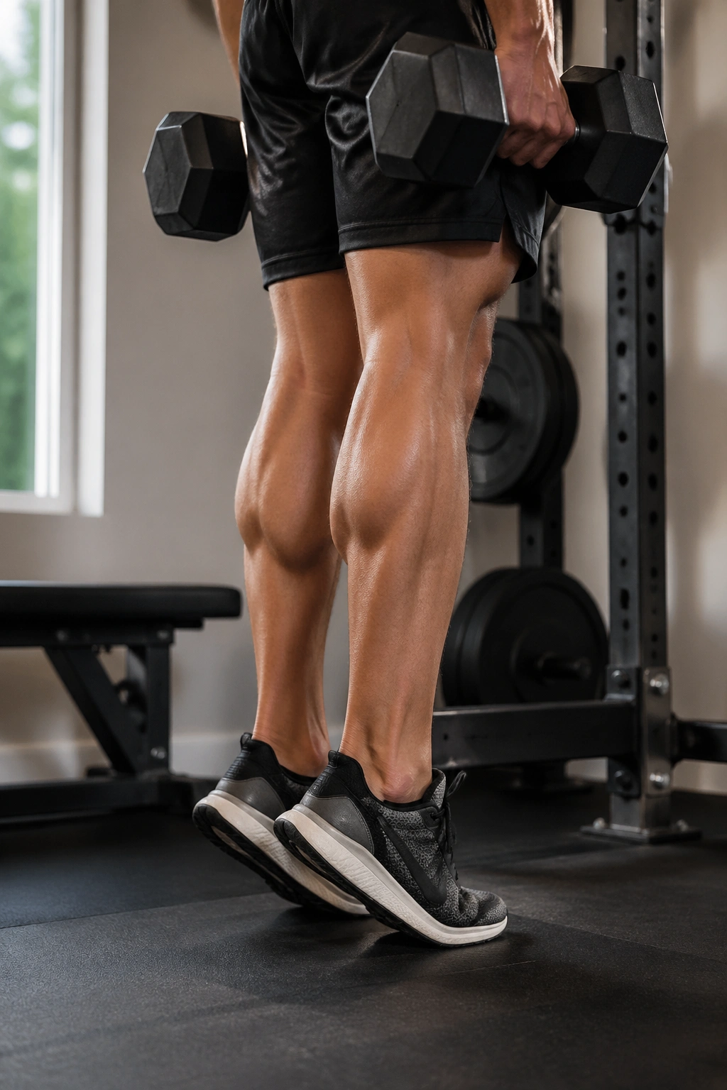 Real person performing standing dumbbell calf raise in a home gym focusing on calves