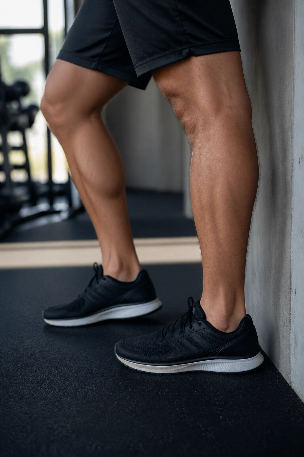 Close-up of lower leg performing standing calf stretch with heel down and wall in background