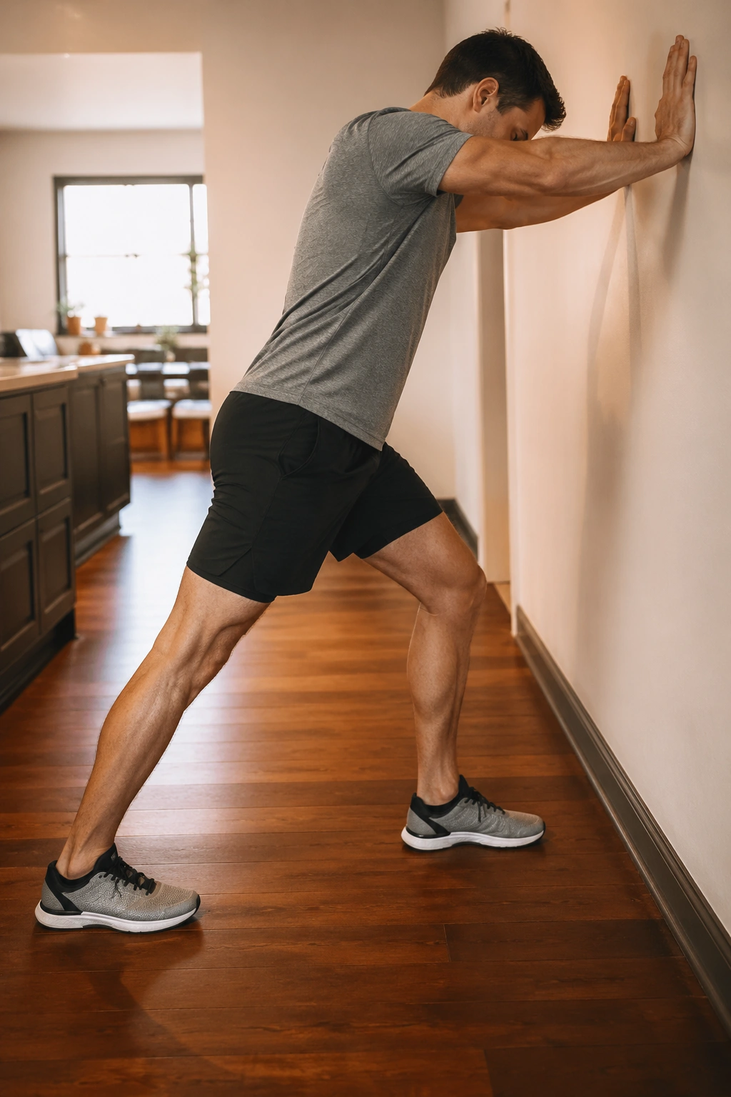 Person performing Calf Wall Stretch against wall with back leg straight