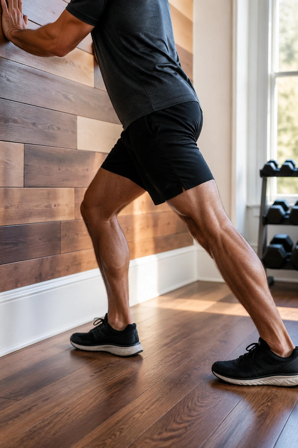Close up of calf during wall calf stretch against a wall