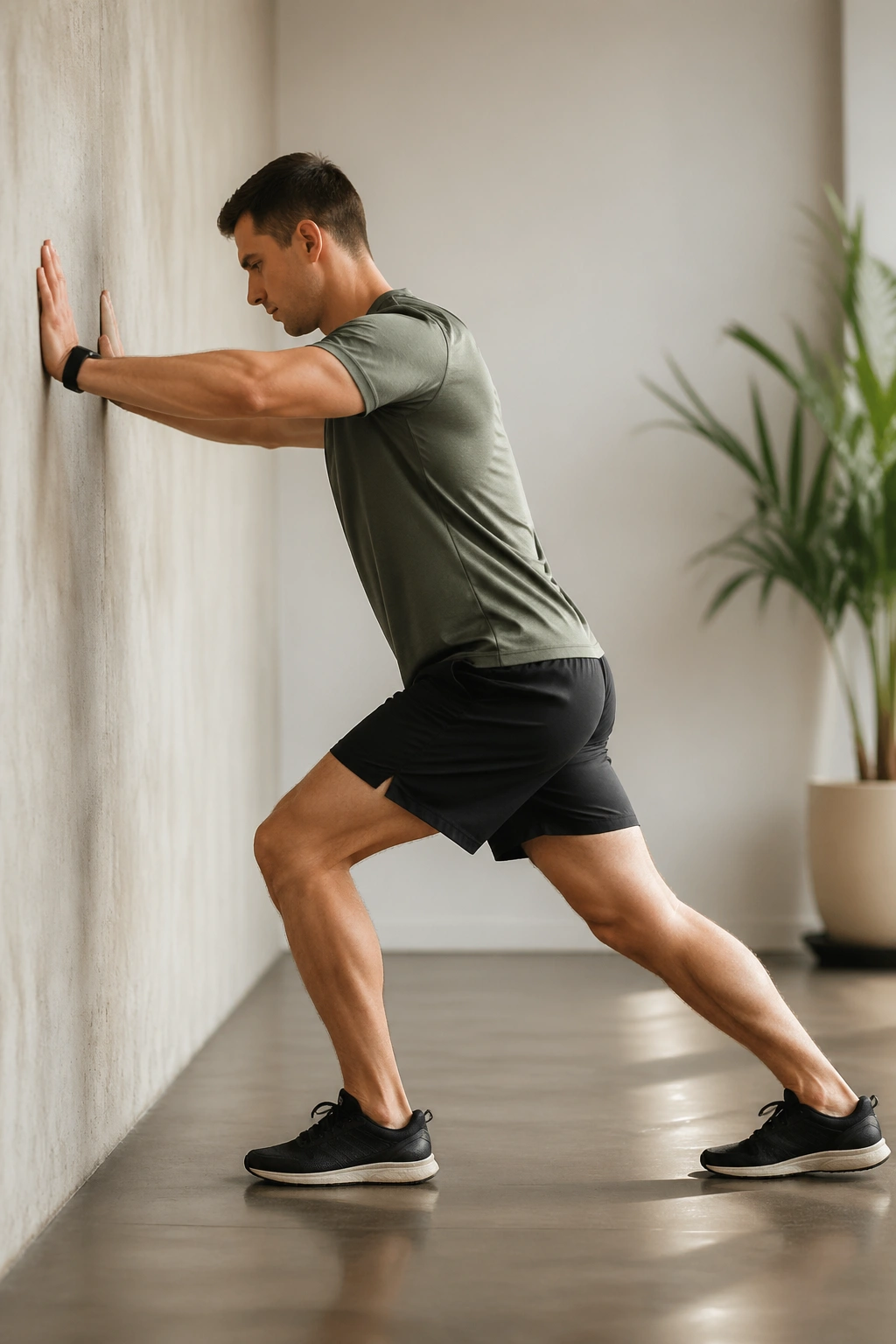 Profile shot of bent-knee calf stretch emphasizing the back leg calf and wall support