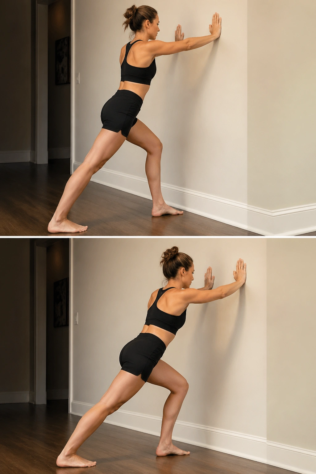Calf stretch near a wall showing two calf regions from different angles.