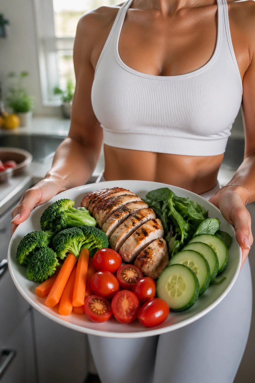 Close-up of a fit woman presenting a balanced plate in a bright kitchen, emphasizing portion control for calorie deficit