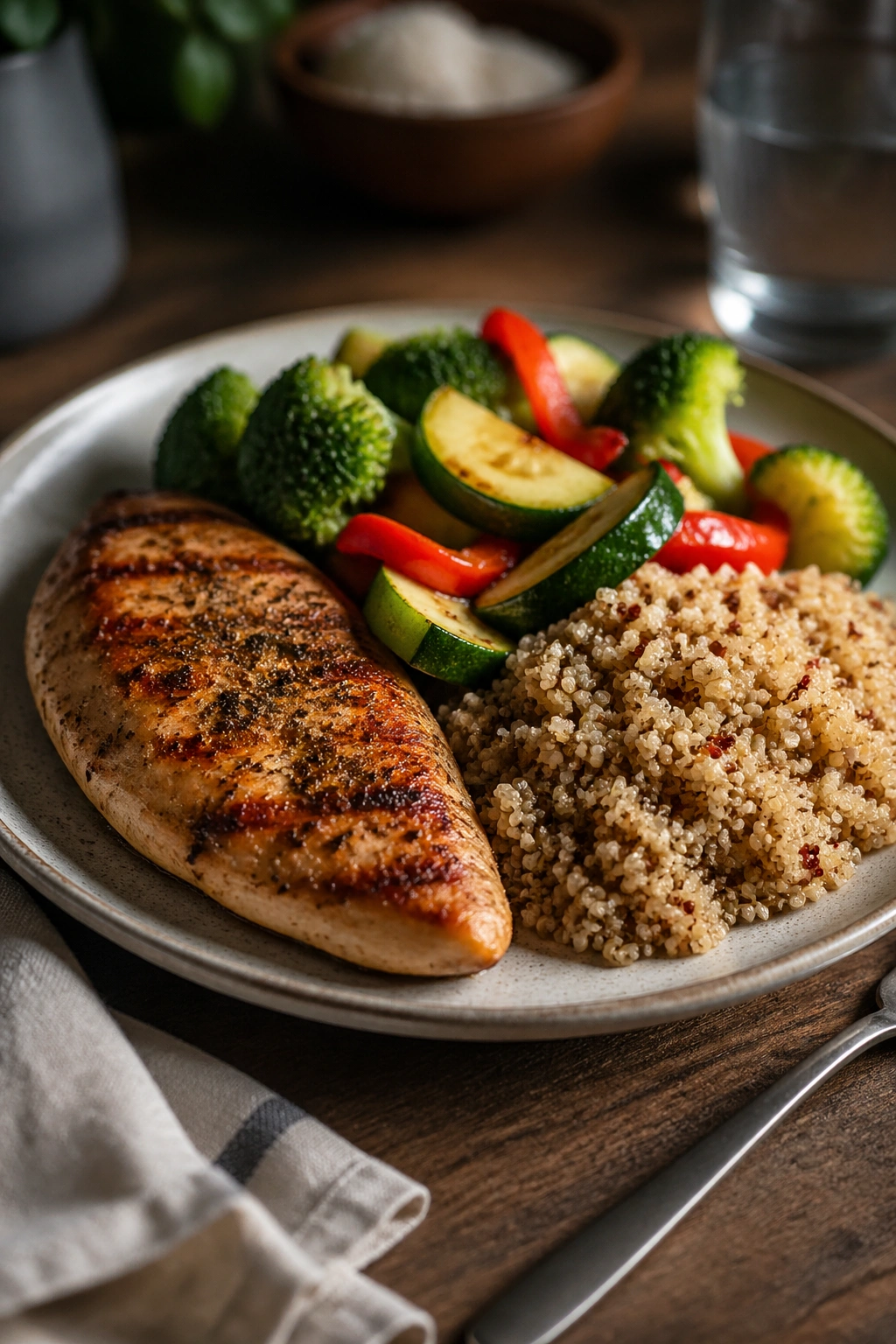 Close-up of a small-portion balanced plate in a sunlit kitchen