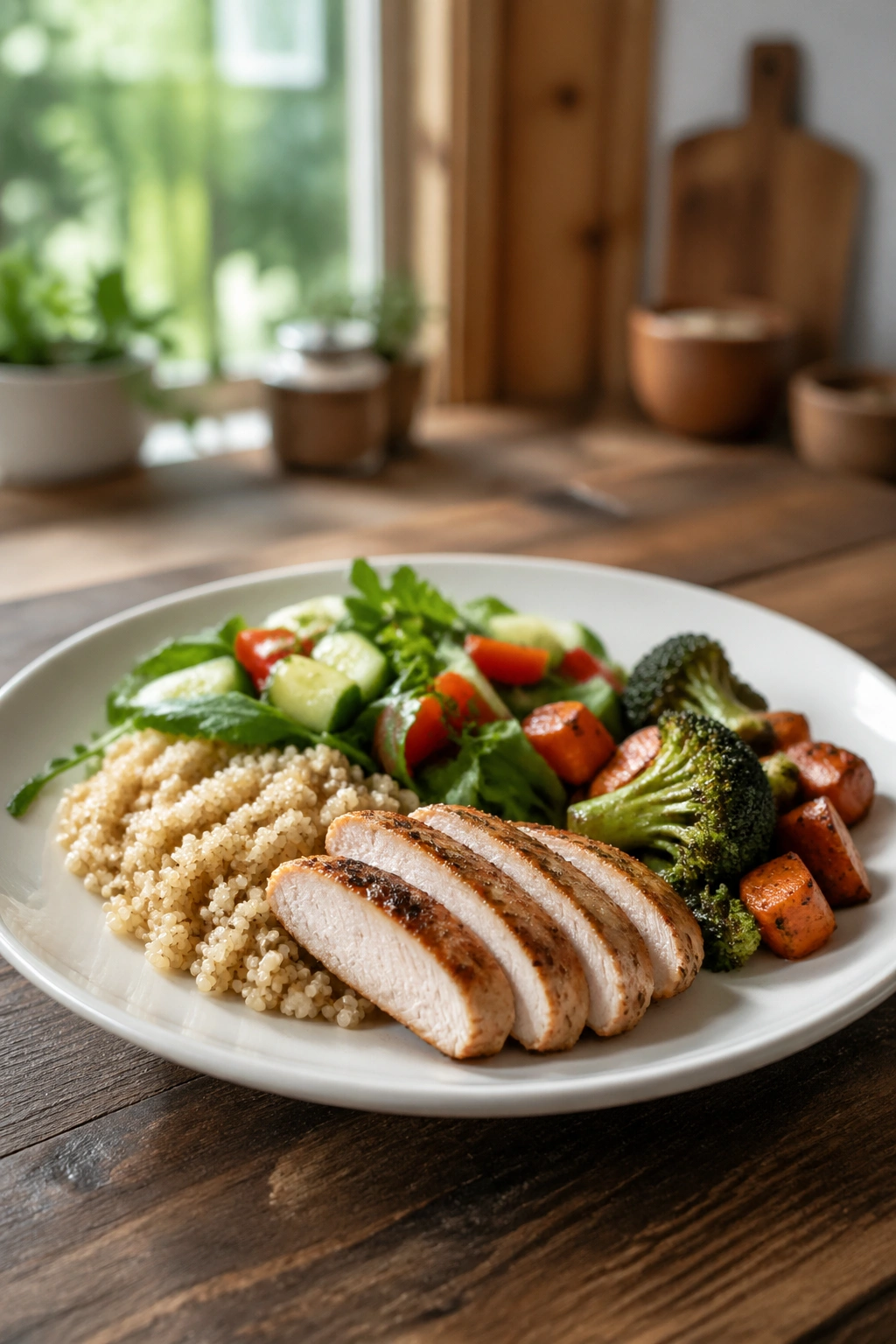 Close-up of a small portion plate representing a calorie deficit in a warm kitchen