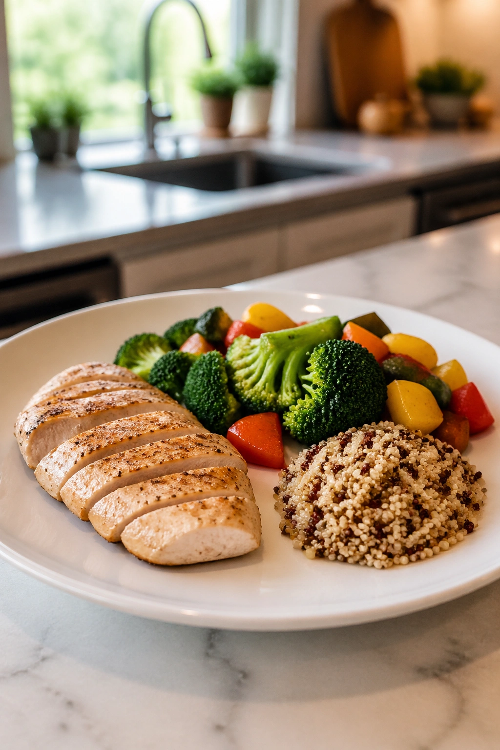Close-up plate with reduced portions illustrating calorie deficit for belly fat loss