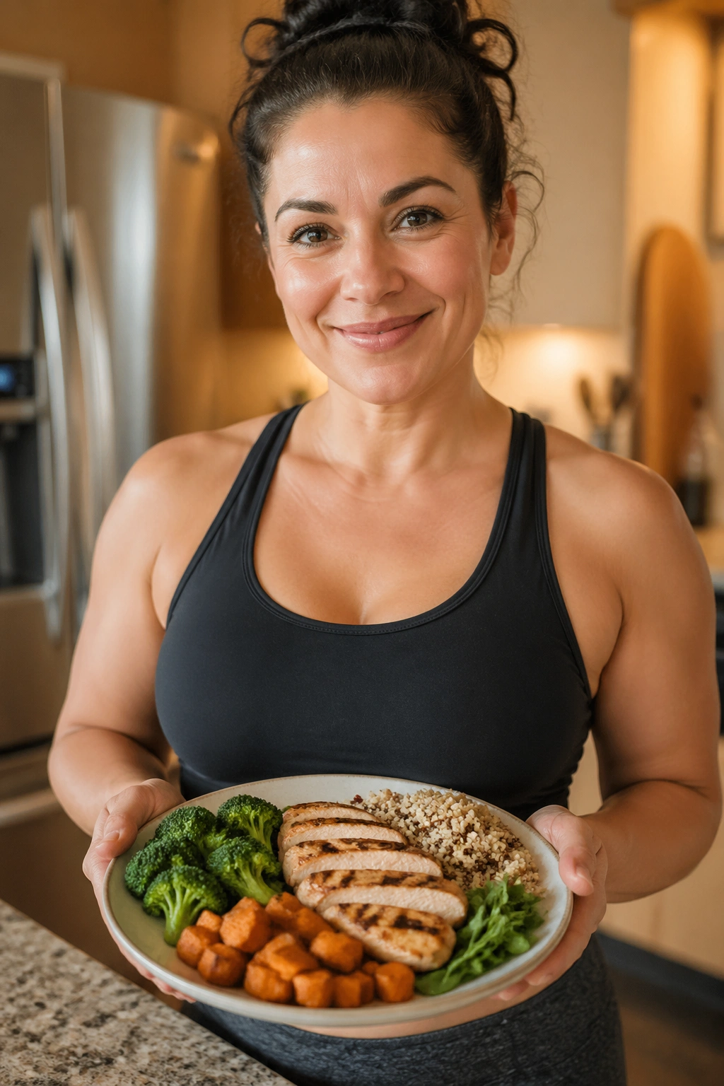 Real person in a kitchen holding a portion-controlled plate to illustrate calorie deficit