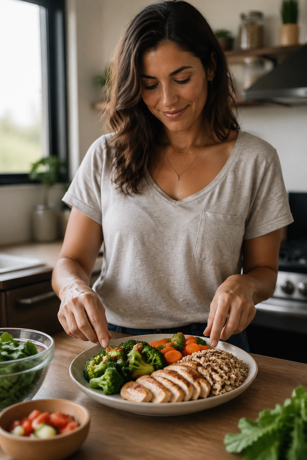 Portrait of a real person in a kitchen showing a portion-controlled plate to illustrate a sustainable calorie deficit
