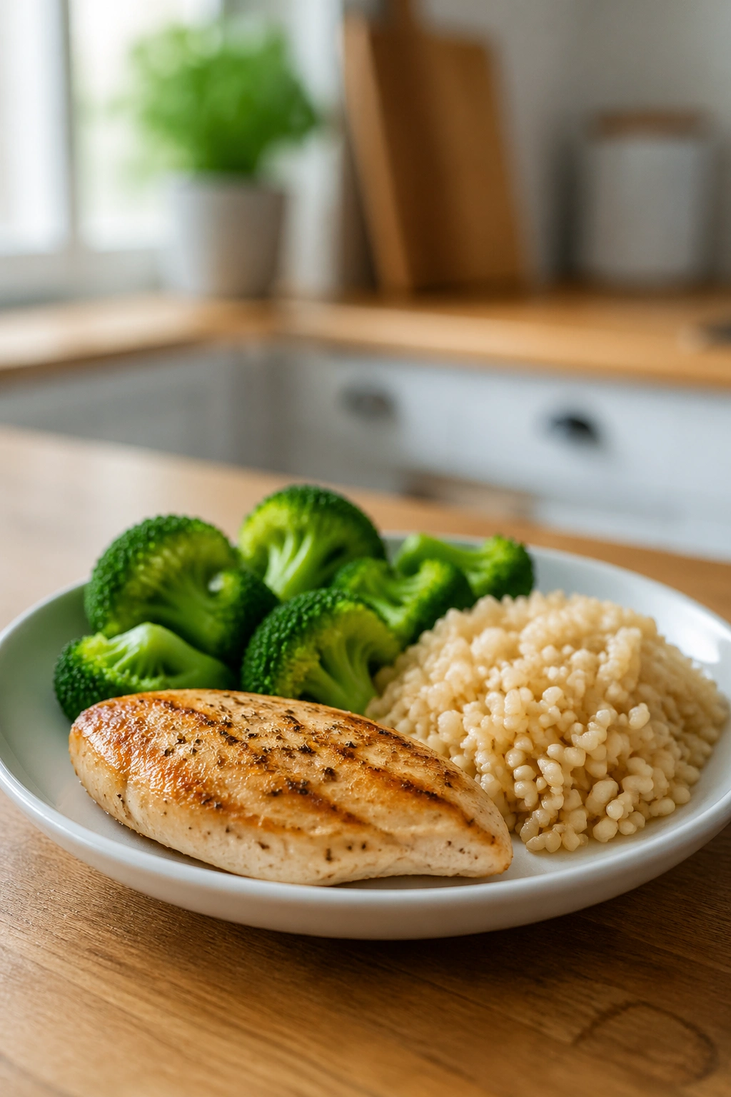Close-up of a small portion plate showing a balanced meal