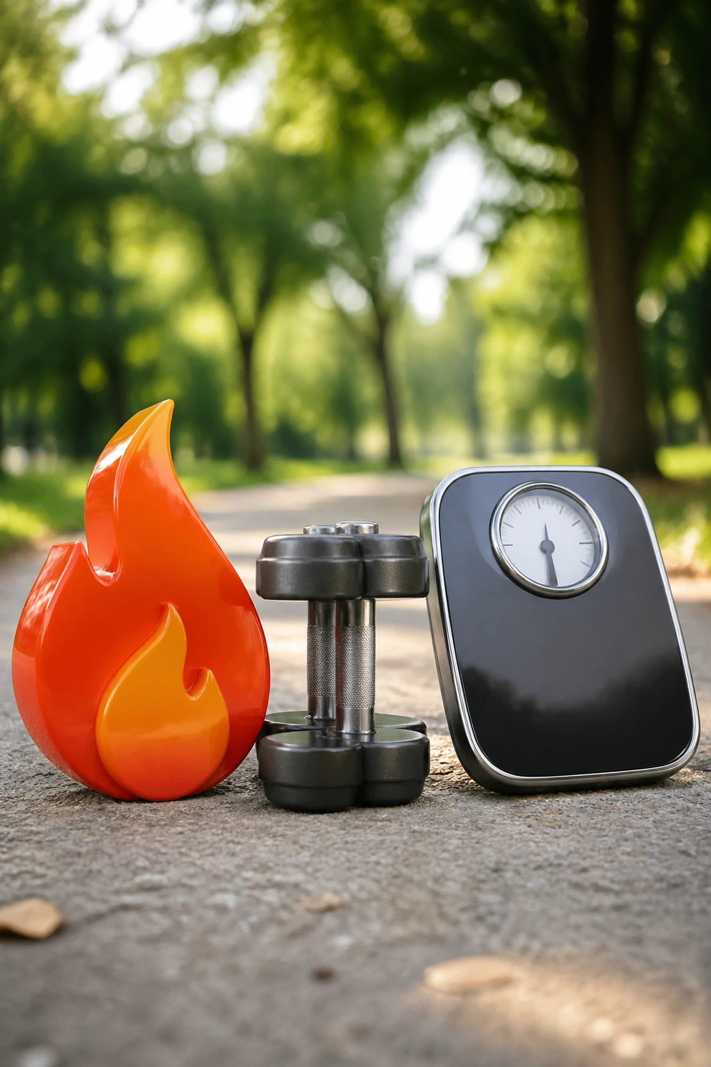 Close-up of three glossy icons (flame, dumbbell, scale) with a blurred park background