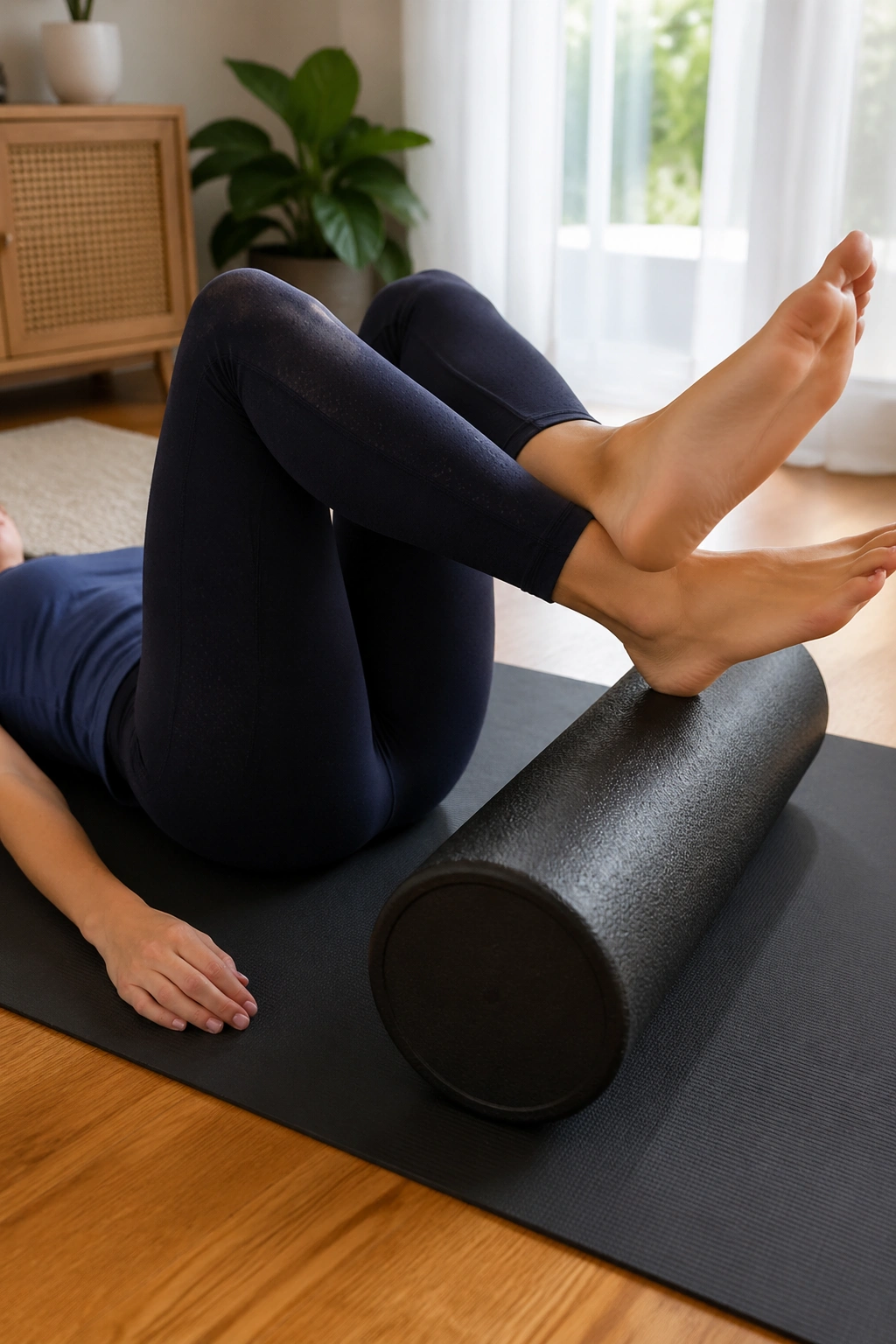 Calves on foam roller in decompression rest
