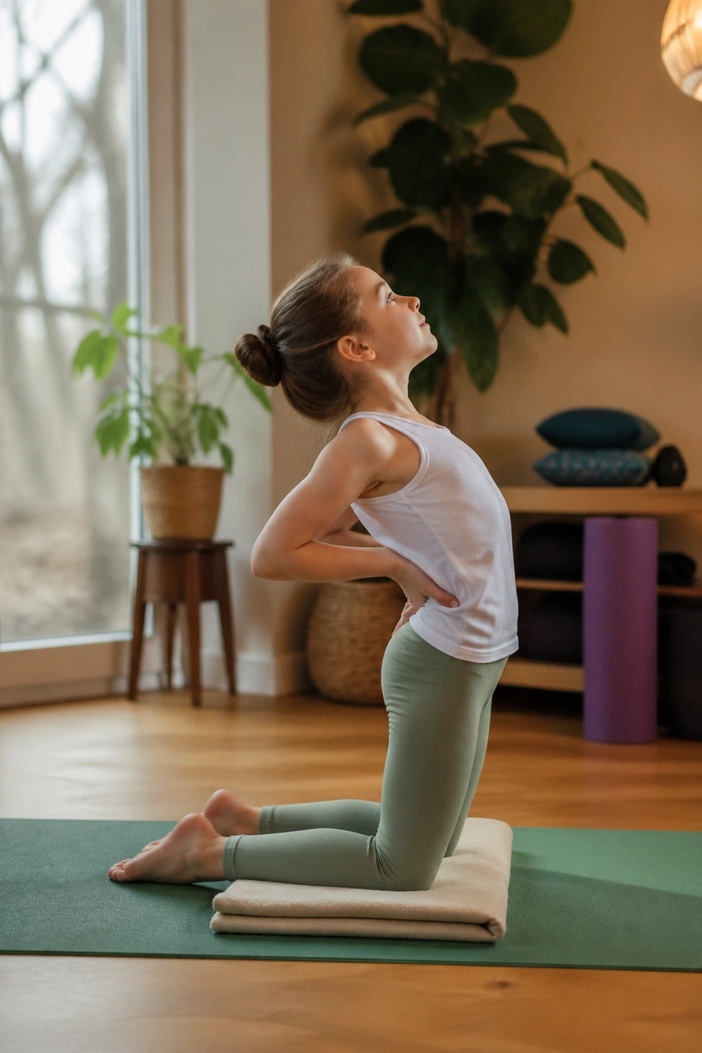 Real child in Camel Pose kneeling with hands on lower back
