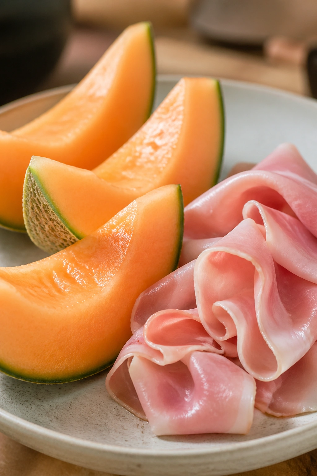 Cantaloupe slices with thin-sliced ham on a plate