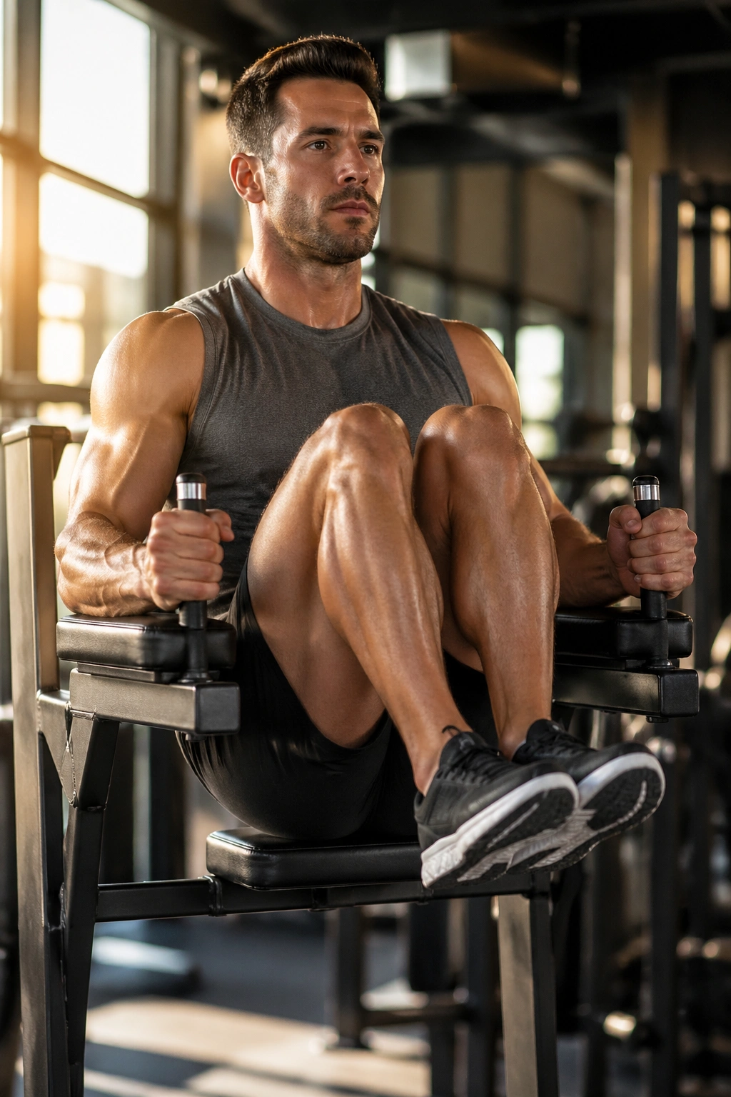 Portrait of a person performing captain’s chair leg raises with knees bent and legs raised
