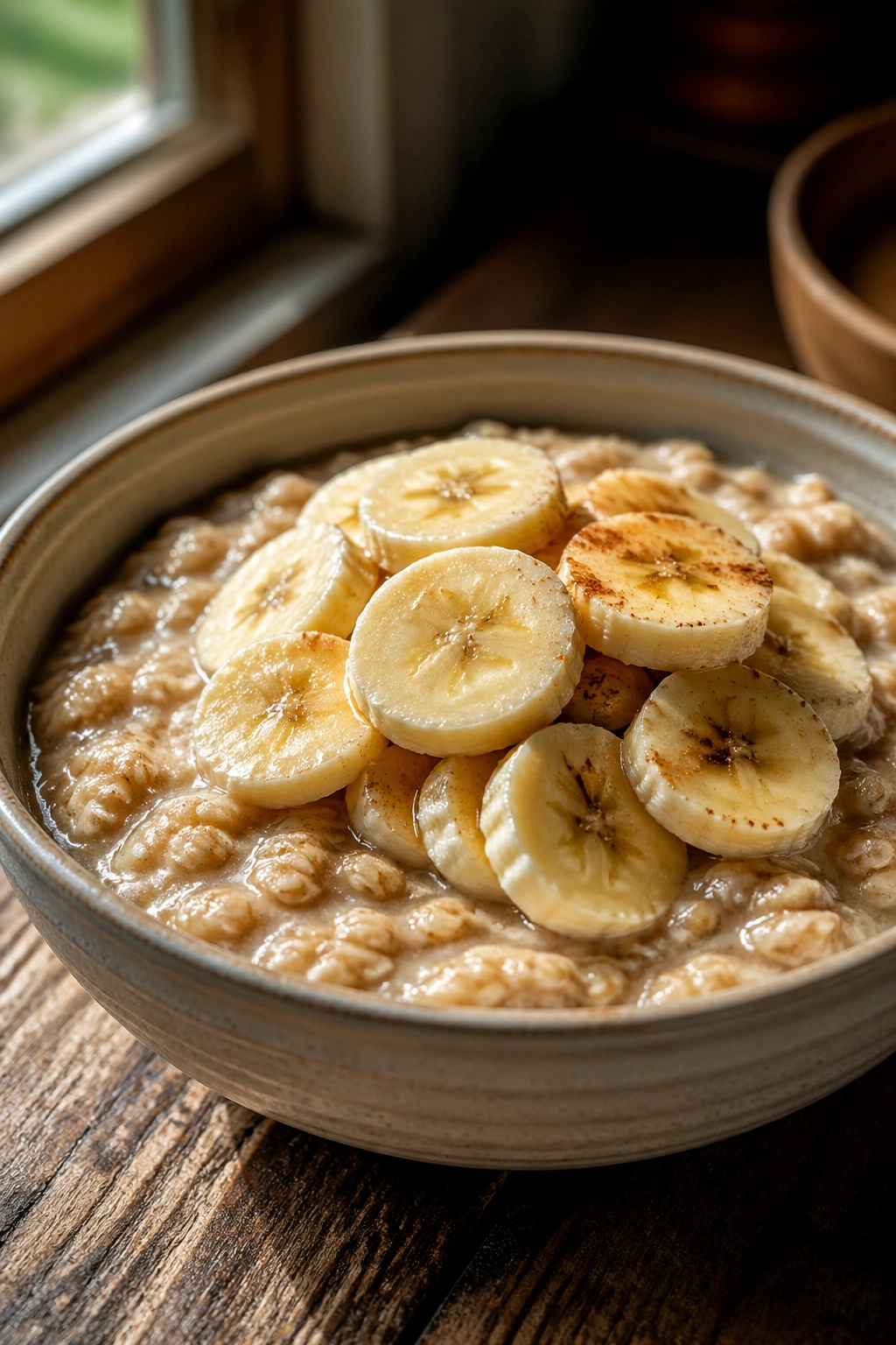 Close-up of oatmeal with banana, carb-first pre-workout meal ready to fuel training